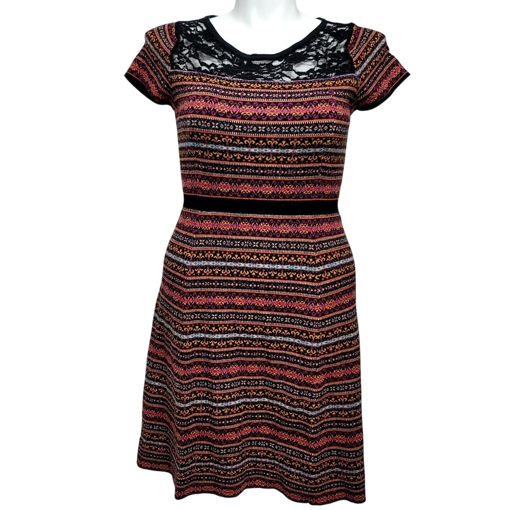 Sparrow Anthropologie L Fair Isle Stripe Knit Sweater‎ Dress Lace Yoke Boho